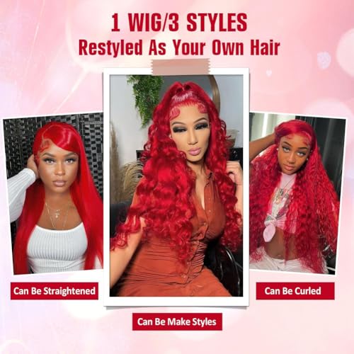 Ice Pear 26 Inch Red Hair Wig Pre Plucked 13x6 Body Wave Wigs Human Hair, 200% Density 13x6 Colored Wigs for Women,Red Glueless Wig Bleached Knots with Baby Hair