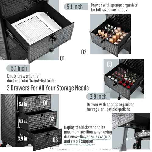 Salon Cart with 3 Drawers, Nail Trolley Cart with Wheels Salon Station Rolling Makeup Train Case Cosmetology Case Organizer Cases for Nail Tech,SPA,Face Painting,Hairstylist,Makeup Artist