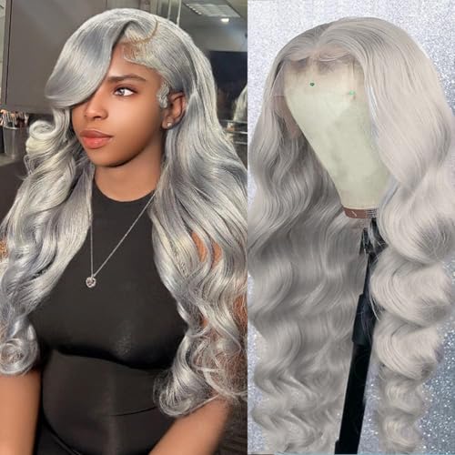 20 Inch Grey Body Wave Lace Front Wigs Human Hair 180 Density HD Transparent 13x4 Lace Frontal Wig Pre Plucked With Baby Hair Gray Lace Closure Glueless Wigs For Women