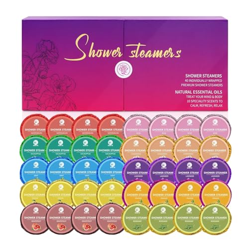 40 PCS Shower Steamers Aromatherapy for Women or Men, 10 Scent Shower Bomb Organic with Natural Essential Oil Relaxation, White Elephant Gifts Birthday Christmas Stocking Stuffers for Her Him