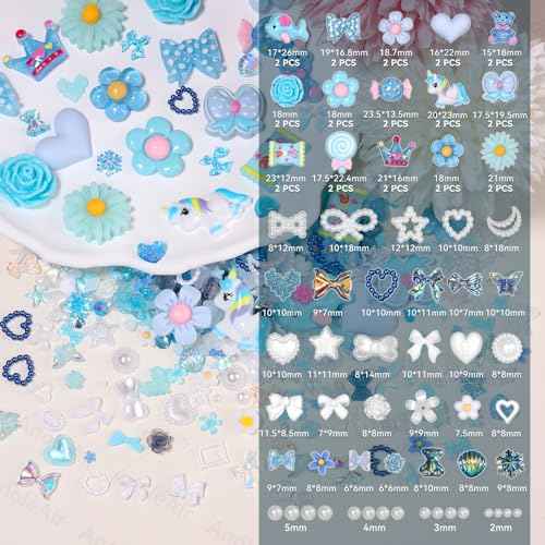 300 Pcs Blue Charms for Junk Cases, Cute Resin Nail Candy Flower Charms, 3D Mix Assorted Pearls Nail Charms, Multi Shapes Flower Bow Star Heart Junk Case Charms for Nail Art DIY Crafts Accessories