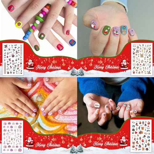 Leesgel Christmas Nail Stickers for Kids Women 450pcs, Christmas Nail Decals Charms, Christmas Stocking Stuffers for Kids Women Designs with Santa, Snowman, Elk, Glove, Sock, Bell