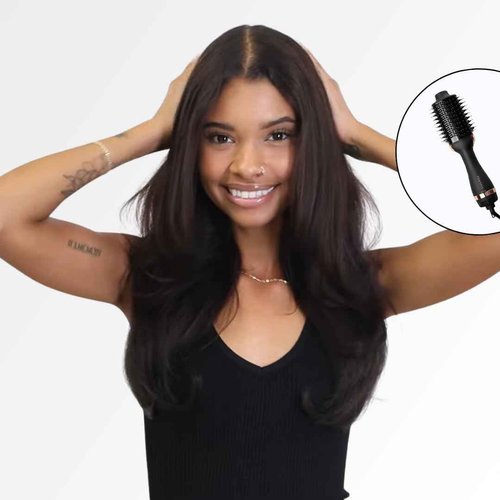FoxyBae Blowout Hot Air Brush - 75mm Hair Dryer, Curler, Volumizer & Straightener - Ceramic Tourmaline Ionic Technology with Dual Bristles (Black Rose-Gold)