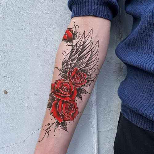 8 Sheets Waterproof Body Art Arm leg Temporary Tattoo Sticker Black Red Rose Flower Wing Gun Butterfly Suit for Men and Women
