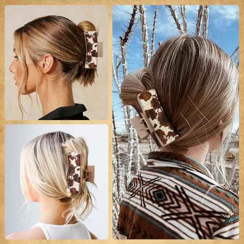 DEEKA Real Leather Large Western Hair Clips Cow Printed Cowhide Tooled 4" Hair Claw Clips Gifts for Thick Hair Country Girls Cowgirl Stuff Western Hair Accessories Gift for Women and Girls -Brown