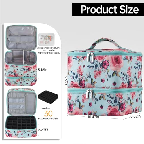 Buruis Double-Layer Nail Polish Organizer Bag, Holds 27 Bottles (15ML/0.5 FL.OZ or Larger), Nail Tools & Dryer Storage Case with Adjustable Dividers (Aqua Floral)