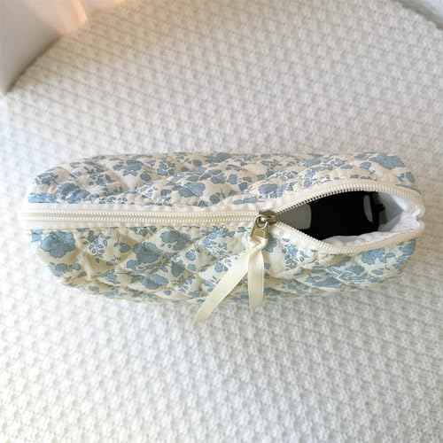 Large Travel Makeup Bag - Quilted Cotton Cosmetic Organizer with Zipper, Cute Coquette Floral Aesthetic Toiletry Pouch Gift for Women (Blue Floral)