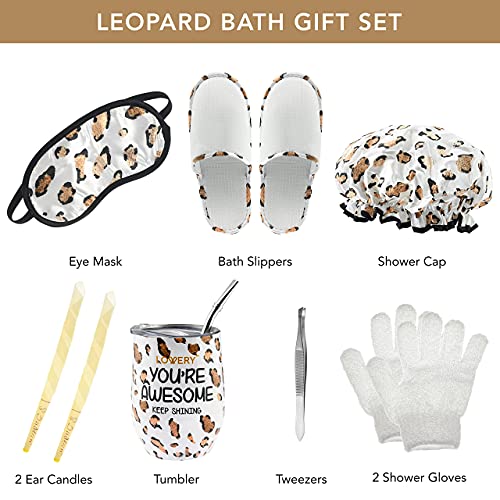 Luxury At-Home Spa Kit with Honey Almond Scent - Bath Gift Basket with Vit E-Rich Bath Essentials, Tumbler, Ear Candles, Bath Oil, Salts, Shower Steamer, Organic Lip Balm & More in Leopard Basket, 21