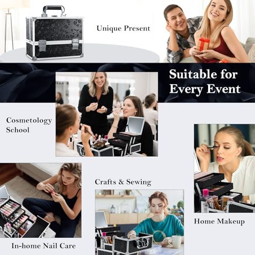 FRENESSA Makeup Train Case Makeup Box 11.8 Inch Large Makeup Case Organizer 3 Trays with Mirror Locking Cosmetic Storage Box for Cosmetics Nail Supplies Sewing Travel Case Black Floral