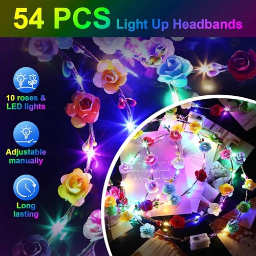 54 PCS LED Flower Crowns Headbands, Light Up Flower Crowns For Women, Glow in the Dark Headband for Wedding Reception Mardi Gras Cosplay Princess Party Favors Birthday Christmas Halloween