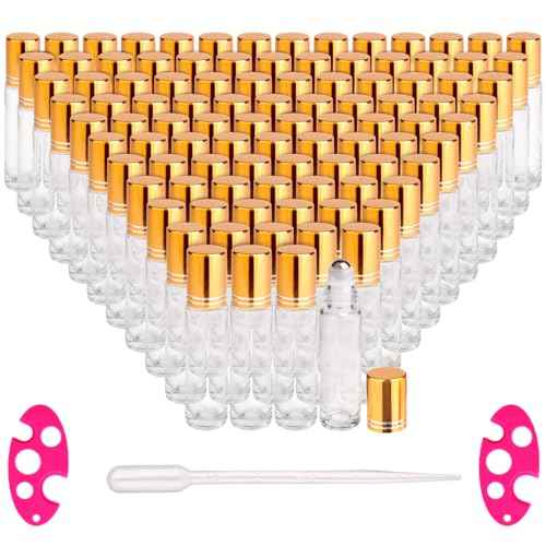 inice 100 Pack,10ml Roller Bottles for Essential Oils Applicator Clear Glass Bottles Stainless Steel Roll On Ball for Daily Care