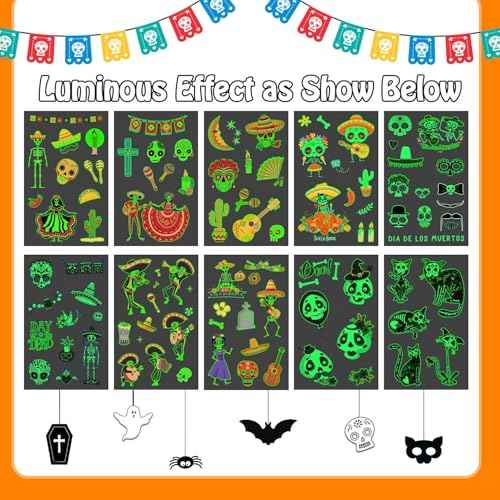 Partywind 100 Styles Luminous Day of the Dead Tattoos for Kids, Glow Halloween Day of the Dead Decorations Party Supplies Favors, Halloween Day of the Dead Costume Makeup