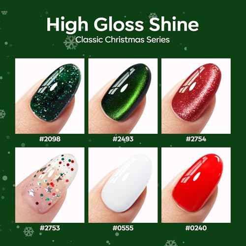 Modelones Christmas Gel Nail Polish Set, 6 Colors 2025 Winter White Red Dark Green 9D Cat Eye Gel Polish Gold Stars Ornament Glitter Nail Polish with Stickers & Magnet & Wooden Stick LED Mani DIY Gift