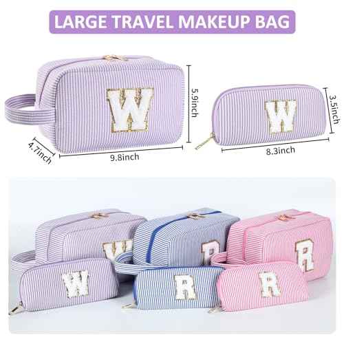 2pcs Personalized Initial Makeup Bag A-Z, Travel Toiletry Bag Preppy Make Up Bags Girls Cute Cosmetic Pouch Makeup Organizer Wedding Birthday Mothers Day Gifts for Women (Purple, V)