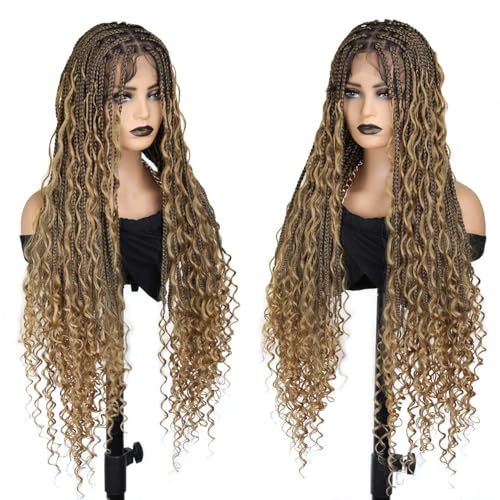 Boho Braided Wigs for black women, Knotless Box Ombre Black to Honey Brown Bohemian Braid Wig, Full Double Lace Ombre Braided Wig