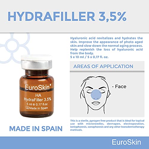 EuroSkin Hydra line hyaluronic acid. Hydrafiller 3.5%. Hyaluronic acid revitalizes and hydrates the skin. Aestheticians' favorite serum. 5 vials x 10 ml / 5 vials x 0,17 fl. oz.