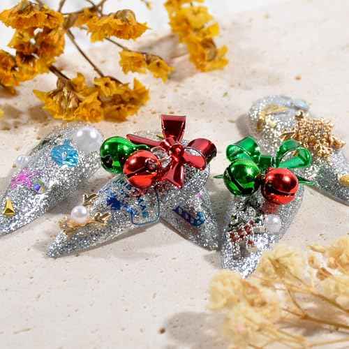 10 PCS Christmas Jingling Bell Nail Charms 3D Green Red Alloy Bells Bowknot Pendants Bell Dangle Nail Art Rhinestones for DIY Nail Art Craft