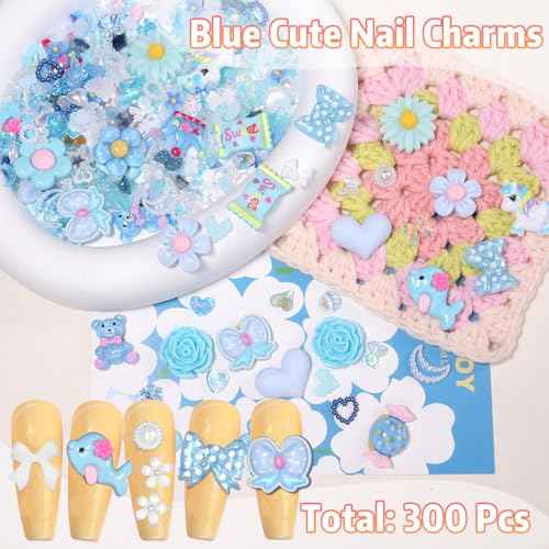 300 Pcs Blue Charms for Junk Cases, Cute Resin Nail Candy Flower Charms, 3D Mix Assorted Pearls Nail Charms, Multi Shapes Flower Bow Star Heart Junk Case Charms for Nail Art DIY Crafts Accessories