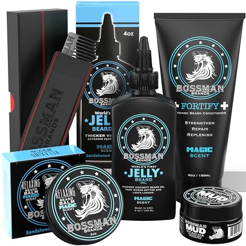 Bossman Complete Beard Kit ? Men's Beard Oil Jelly, Fortifying Shower Conditioner, Balm, Mustache Wax & Comb ? Beard Softener & Grooming Care ? Men Gift Set (Magic Scent)