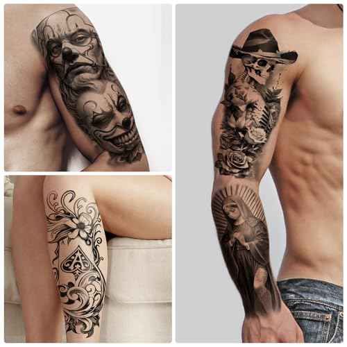 77 Sheets Temporary Tattoos, Chicano Large Fake Tattoos Chicano Guadalupe Gangster Prisoner Day of the Dead, Lowrider Style Culture Mexico Clown Fake Tattoo Stickers for Men Women Adults