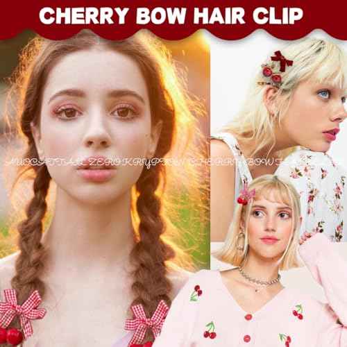 8 Pcs Cherry Bow Hair Clip Sweet Cute Rhinestone Bow Alligator Clips Red White Plaid Hair Barrettes Hair Accessories for Women Girls Christmas Hair Decoration