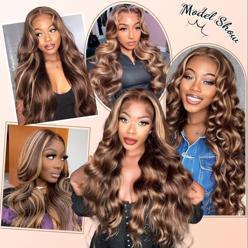 AMIRTY Highlight Ombre Lace Front Wig Human Hair Honey Blonde Body Wave 13x6x1 HD Lace Front Wigs Human Hair Pre Plucked 250 Density Brown 4/27 Colored Lace Frontal Glueless Wigs for Women 20 Inch
