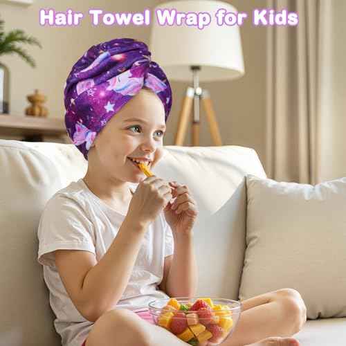 FIOBEE Microfiber Hair Towel Wrap for Kid Rapid Drying Towel Absorbent Hair Turbans for Wet Hair with Button Women Girls Long Curly Hair Pack of 2, Purple