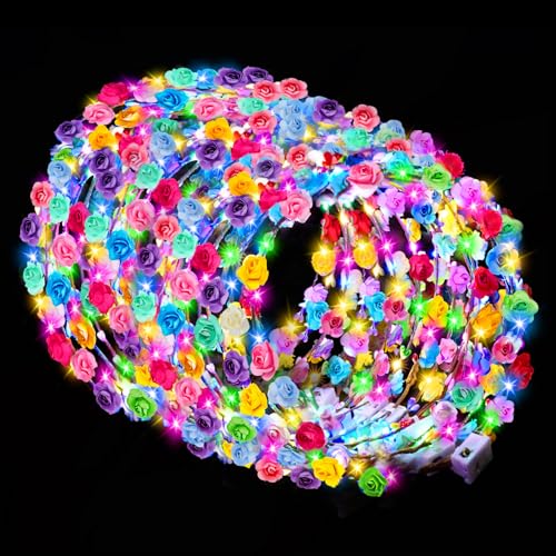 100 PCS LED Flower Crowns Headbands, Light Up Flower Crowns For Women, Glow in the Dark Headband for Wedding Reception Birthday Christmas Mardi Gras Cosplay Princess Party Favors