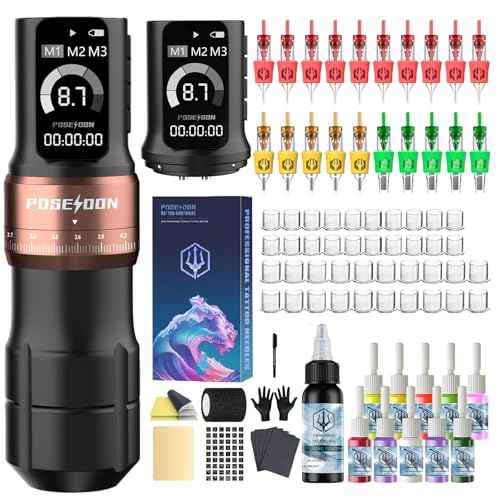 Poseidon Tattoo Gun Kit Wireless Machine Kit 7 Strokes Length with 2pcs 2300mAh Batteries Power Supply 11 Tattoo Ink 20 Pcs Tattoo Needle Cartridges for Beginner and Artist