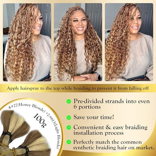 Highlighted Multi-Blonde Braiding Human Hair for Boho Knotless Braids, Ombre 27/613 Curly Braiding Hair Deep Wave Human Hair Bulk, No Weft Blonde Extensions 100G FULL BULK 24 Inch