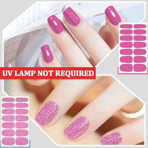 SILPECWEE 8 Sheets Nail Stickers Full Nail Wraps (Pink Solid & Glitter), Self Adhesive Nail Polish Strips, Gel Strips Design Fingernail Sticker Nails for Women with File