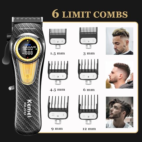 KEMEI 2242 Professional Hair Clippers for Men, Cordless Barber Clipper with LED Display & Charging Base, Hair Cutting Tools, 9000 RPM Super Torque Motor, Black