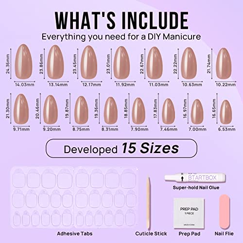 BTArtbox Press On Nails Almond - Fall Press on Nails Meidum Chrome Nails, Light Weight & Fit Perfectly, Fake Nail with Nail Glue, Brown Glue On Nails in 15 Sizes, Chocolate Glazed