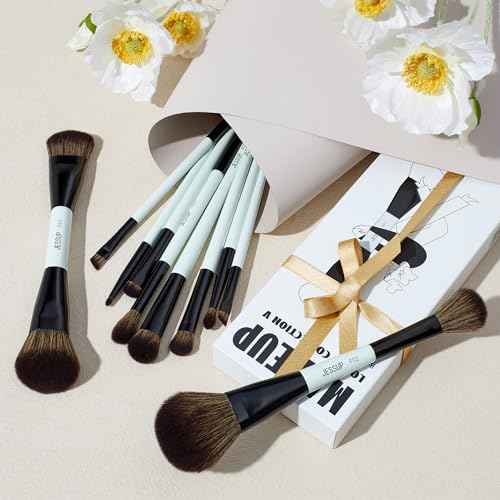Jessup Makeup Brushes Set 10pcs, Double Sided Foundation Contour Blush Highlight Blending Eyebrow Brush Eyeshadow Eyeliner Concealer Brush, Bright Cyan Cruelty Free Cosmetic Tools T500