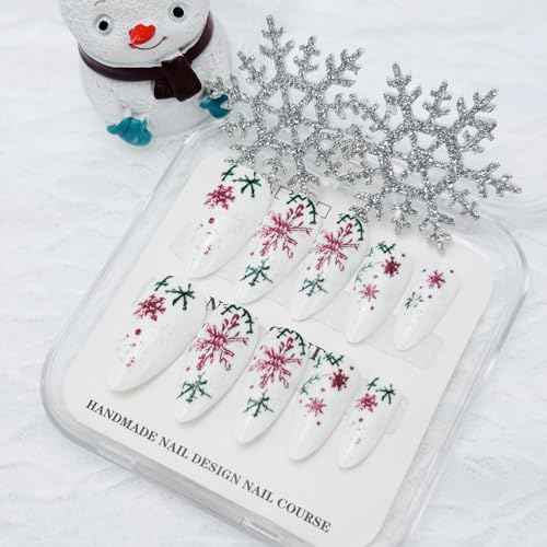 24Pcs Christmas Press on Nails Medium Almond Fake Nails with Christmas Holly Designs Winter Snowflake Acrylic Nails Xmas false nail kits Full Cover Snow Stick on Nails for Women New Year Party Decor