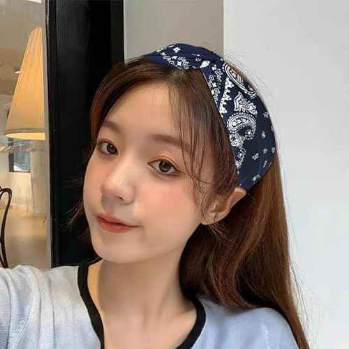 Guqqeuc Knotted Bandana Headband Paisley Boho Hairband for Women Girls Pattern Turban Head Bands for Women Wide Twist Hair Bands for Short Long Hair Accessories, Navy Blue