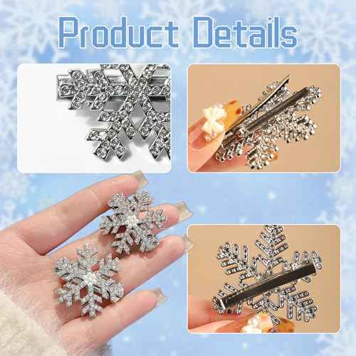 12 Pcs Snowflake Hair Clips - Rhinestone Pearl Accessories, Christmas Sparkly Pins, Cute Small Silver Metal Barrettes for Women Girls