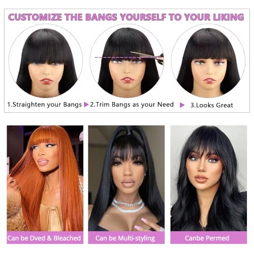 Straight Wigs Human Hair with Bangs 180% Density Brazilian Virgin Human Hair Wigs Glueless Machine Made Wigs for Women None Lace Front Wigs Natural Color 18 Inch