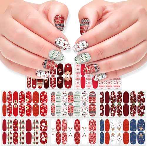DANNEASY 8 Sheets Christmas Nail Wraps Holiday Nail Polish Stickers Festival Nail Polish Strips for Women Self Adhesive Fingernail Stickers Nails with Nail File, Cuticle Stick