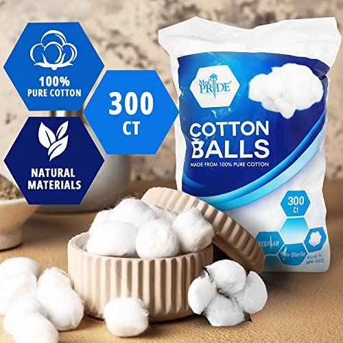 MED PRIDE Medical Cotton Balls, 100% Pure Cotton, Ultra Soft, 300 Count, for Ears, Face, Makeup Removal, Nail Polish, Lotions, Absorbent Multipurpose Use