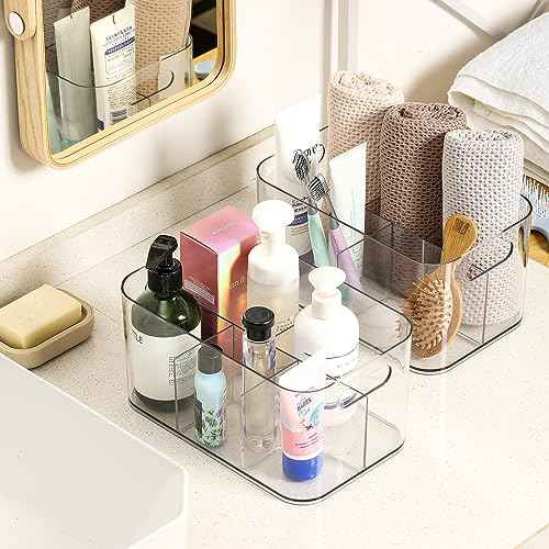 5-Compartment Clear Plastic Bin - Divided Art Supplies, Cosmetic Makeup Caddy Organizer - Multiuse Storage Container for Vanity, Bathroom, Kitchen, Office, Craft, Shower, Cleaning Items, (1 Pack)