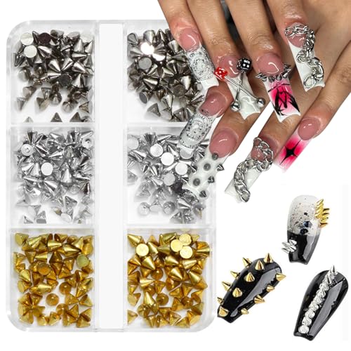 6Grid Metal Rivet Punk Nail Charms 3 Color Cone Metalic Spike Studs Acrylic Spike Studs Gothic Nail Rivets Studs for Nail Art and DIY Crafts Jewelry Decoration