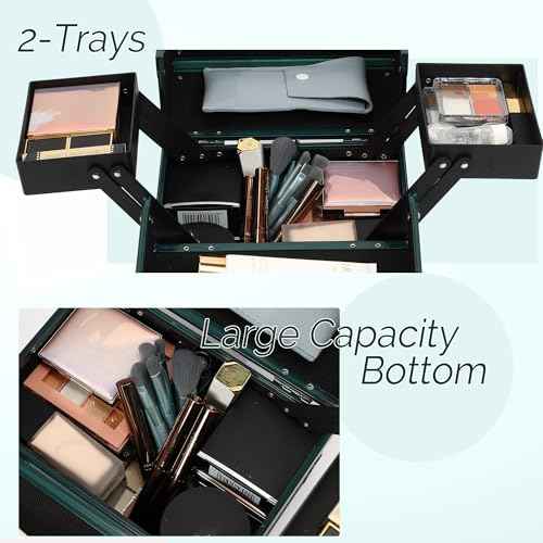 Makeup Train Case 2 Trays Makeup Box Organizer Portable Travel Makeup Case Lockable Makeup Storage Organizer Cosmetic Box for Jewelry Nail Tech Brushes Accessories Tool,Green Pro