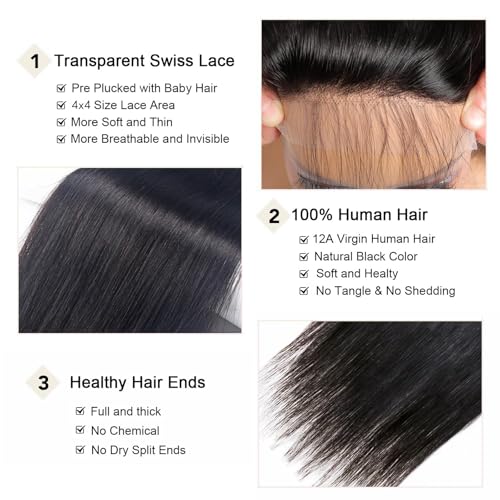 Hd closure 4x4 Straight Closure 22 Inch 4x4 Transparent Lace Closure Virgin Remy Human Hair Frontal Closure Pre Plucked With Baby Hair Natural Black Color