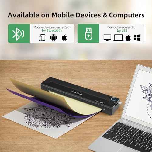 YISUN Tattoo Stencil Printer, Portable Wireless Tattoo Printer, 2000mah Rechargeable Battery with 10 Transfer Papers, Compatible with Android,iOS & Windows