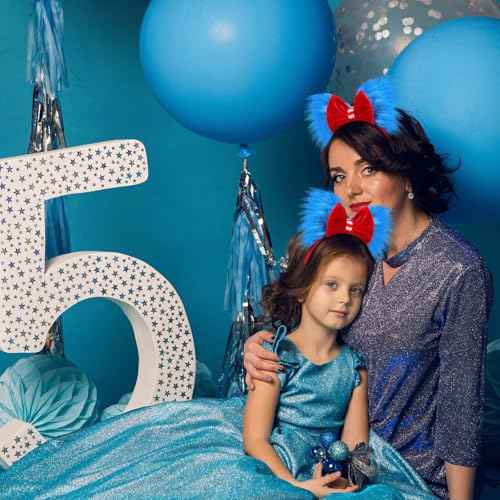 Halloween Blue and Red Bow Headband Large Furry Hair Bow Headband Fuzzy Pom Hairband for Women Girls Holiday Party