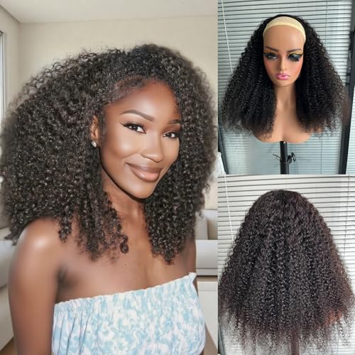 Kinky Curly Half Wig Human Hair 210 Density 100% Unprocessed 3 In 1 Half Wig Curly Human Hair With Drawstring Seamless Flip Over Wigs Glueless Beginner Friendly 16 Inch