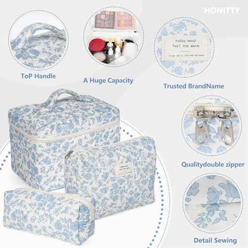 Makeup Bag,Quilted Cosmetic Bag,Large Floral Make Up Bag for Women,Cotton Makeup Bag Set,Flower Travel Toiletry Bag