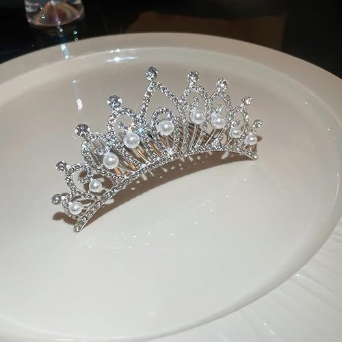 Chargances Princess Tiara Crystal Crown Headband Mini Silver Pearl Rhinestone Crown with Combs Elegant Bridal Wedding Headbands Prom Birthday Party Hair Accessories for Women(Style 3)