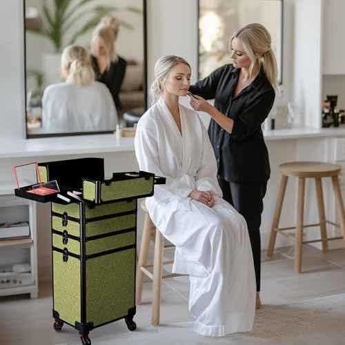 BYOOTIQUE 4in1 Cosmetology Cases on Wheels Rolling Makeup Organizer Cart Professional Nail Tech Storage Hairdressing Brush Bags for Nail Artist Beauty Barber Salon Hairstylist,Rococo Moss